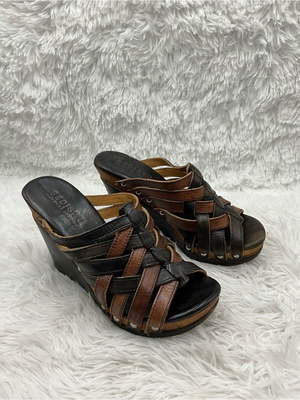 Bed Stu Wedge Mules Size 7 Black and Brown Leather Strappy & Studded